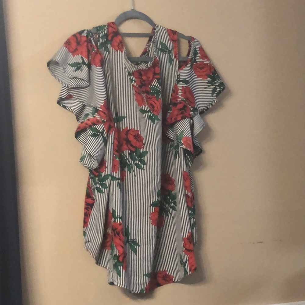 Black and white stripped top with roses